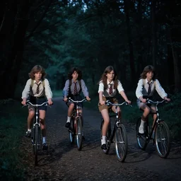 4 teenagers ride their bikes in a forest in 1 9 8 4, dark, mysterious night