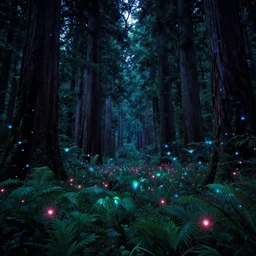 endor, vivid, lots of redwood trees, overgrown, at night, alien bioluminescent plants, glowing leaves, field, glowing pink fireflies, glowing blue light particles, cinematic composition, style of renato mucillo landscape, andreas rocha artstation, marc simonetti, miyazaki, studio ghibli, epic scale, dramatic lighting, 8 k post processing, wide angle, environment highly detailed