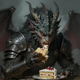 portrait of an angry faitytale dragon the armor, beautiful face, hyper realistic, highly detailed, digital painting, artstation, illustration, concept art by hyung tae and frank frazetta, digital paint, matte paint, washed colors, eating cakes, dark, gloomy, foggy