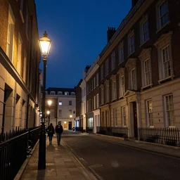a street of 19th century london at night, lamps illuminating the street, in the style of Bloodborne