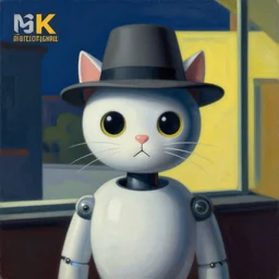 a robot cat wearing a hat, a highly detailed edward hopper painting, by adrian ghenie and gerhard richter. art by james gurney. masterpiece, flat surreal design with deep colours. 8 k. artstation