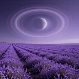 the purple fields of Yavin 5 are full of alien flora, planetary rings stretch across the sky fading away at the horizon, landscape photography 4k