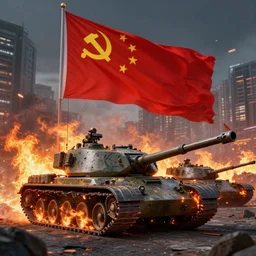 tanks burning city, army, china, communist flag, volumetric lighting, unreal engine, realistic