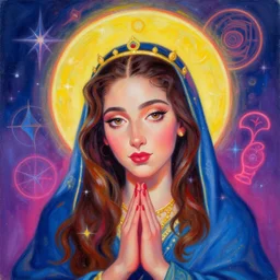 portrait of madonna by mandy jurgens, cartoon, oil painting, visionary art, magic symbols, holy halo, neon ambient lighting, high detail, vibrant colors