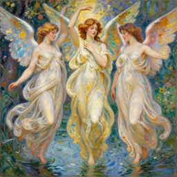 illustration studio portrait of three beautiful seraphim female energy in artistic poses in a river in nature, monet painterly motives and textures pattern, hyper detailed, octane render, vivid colors, artstation, by jeremy mann, by alphonse mucha, by monet