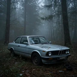 abandoned bmw e 3 6 in the woods, around everlasting darkness, atmospheric, wide shot, high definition, high detail, foreboding, artstation, foggy