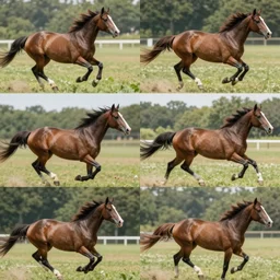4 progressive frames of a horse running frame - by - frame from video reel