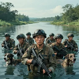a cinematic headshot portrait, of a squad of special soldiers emerging from the water, with dogs, in a vast serene landscape, with trees and rivers, detailed, deep focus, movie still, dramatic lighting, by michal karcz and yoshitaka amano