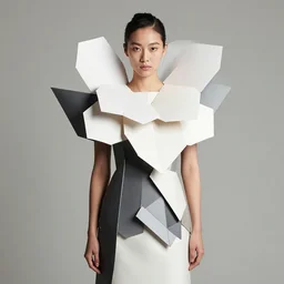 portrait of a beautiful model wearing origami themed paper flower and geometric shapes haute couture by issey miyake