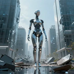 dream of a beautiful cyborg ai in front of ruined glass buildings, cyber universe style, volumetric light, reflections, octane render