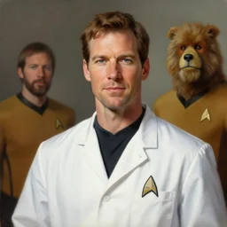 a portrait of a manly dr crusher, star trek the next generation. highly detailed painting by gaston bussiere, craig mullins, j. c. leyendecker, furry
