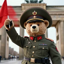 a portrait of a socialist bear in a military uniform with a big hat, waving a red flag in Berlin, 4K realistic, hyper detailed, cinematic lighting, wow factor, award winning photo
