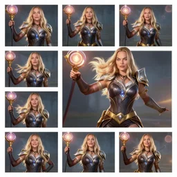hyper realistic action shots of Lux (League of Legends) played by Margot Robbie, using a magical staff, multiple angles. 4k, IMAX, sigma, cinematic, lute