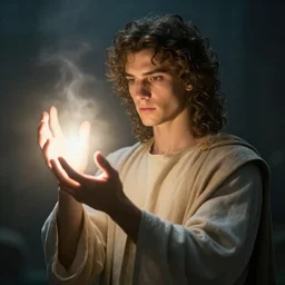 a handsome young man with curly brown hair summons a ball of light into his hand. dramatic. cinematic. holy. saintly. demigod. lord of light. gaston bussiere. geoffroy thoorens
