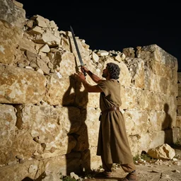 award winning cinematic still of nighttime with 40 year old Mediterranean skinned man in Ancient Canaanite clothing fixing a ruined, crumbled wall in Jerusalem, holding a sword, dramatic lighting, nighttime, strong shadows, bold color contrast, action movie stills