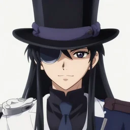 an anime character with long black hair and a top hat, a character portrait by toyohara chikanobu, pixiv contest winner, neo - romanticism, booru, sabattier filter, official art