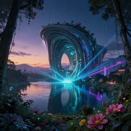 abandoned by santiago calatrava, futuristic darkacademia at dawn at dusk lightpaint tokyo nature fisheye studio ghibli anime retrowave lake laser rainforest thermal vision neon signs vaporwave dramatic lighting uv light at night nightsky cgsociety crystal reclaimed by nature flowers, archdaily, wallpaper, highly detailed, trending on artstation.