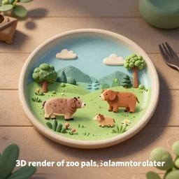 “3d render of zoo pals plates, 3d claymation render”