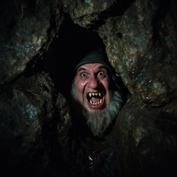 a real gnome partially obscured by rock in a dark cave, mouth open with pointy teeth, sweaty face, wet glistening rock, dark, scary atmosphere, directed by mario bava