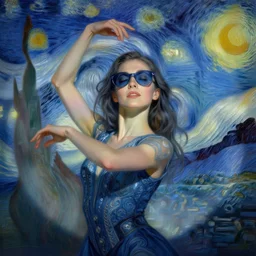 portrait of beautiful girl, ecstatic, dancing, eyes closed, shades of blue and grey, beautiful face, rule of thirds, intricate outfit, spotlight, by greg rutkowski, by jeremy mann, by francoise nielly, by van gogh, digital painting