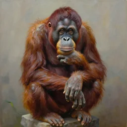 a oil painting of an orangutan sitting in the thinker statue position, high quality, coherent,