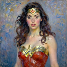 a beautiful painting of lynda carter as wonder woman, portrait, by claude monet, impressionism,