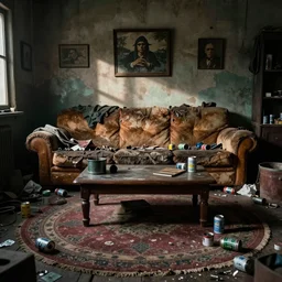 a dingy den, old torn couch, coffee table, lots of cans and garbage around, large circular rug, stoner artifacts