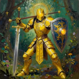 full body, attack position abstract painting in lush fantasy environment of a ornate holy warforged with circular glowing eye, character in yellow armor holding a legendary paladin engraved holy great longsword and carrying a huge heavy paladin shield, vertically flat head, face in focus, epic , trending on ArtStation, masterpiece, cinematic lighting, by Delphin Enjolras and by Ruan Jia