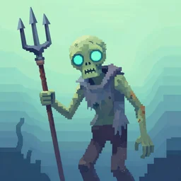 voxel painting by greg rutkowski of a drowned zombie holding a trident with glowing cyan eyes, wearing ragged clothing, holding a trident, underwater, pastel green and blue color palette