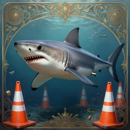 great white shark with orange and white striped traffic cones instead of fins, underwater background detailed atmospheric - ron cheng & alphonse mucha, highly detailed, digital painting, ray tracing, concept art, illustration, smooth sharp focus, intricate, symmetry, artstation,