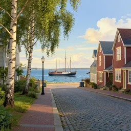 portsmouth new hampshire fantasy city facing the ocean, old boat on the ocean, birch trees on sidewalk, cobblestone street, thomas kinkade, digital art, beautiful cinematic lighting, 8 k, octane render, artstation