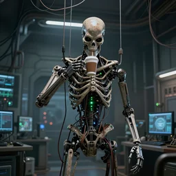 the torso of a terminator with borg implants and a human face is hanging from cables and wires off the ceiling of an futuristic abandoned computer lab and plugged into a quantum computer. bottom half of the terminator's body is missing with cables sticking out. The Terminator is taking a sip from a cup of coffee. Tiny green led lights in the terminator's cybernetics. very detailed 8k. Cyberpunk horror style.