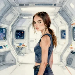 cyberpunk rooney mara in spaceship hangar, intricate watercolor painting by greg rutkowski, trending on pixiv