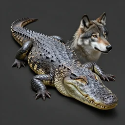 Fur covered crocodile with a wolve's head, concept art, photoshop artwork, highly detailed
