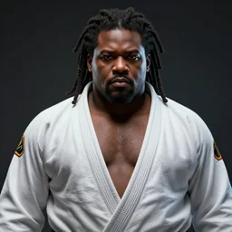 hyperrealistic mixed media portrait of a moridly obese black man with dreads wearing a gi, doing martial arts, stunning 3d render inspired art by P. Craig Russell and Barry Windsor-Smith + perfect facial symmetry + dim volumetric lighting, 8k octane beautifully detailed render, post-processing, extremely hyperdetailed, epic composition, grim yet sparkling atmosphere, cinematic lighting + masterpiece, trending on artstation