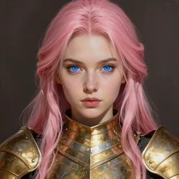 a portrait of a beutifull knight woman , symetrical face , golden armor , blue eyes pupills, pink long haire , highly detailed, digital painting, in the style of ilya kuvshinov and artgerm, high definition digital art
