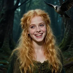 a golden haired, cheerful, mischiefous fairy ( looks like hollday granger!!! ) in a dark european forrest. detailed, close up, spot lights, horroristic, eeyrie, character portrait from a fairy tale by greg rutkowski and manet, ( ( ( highly inspired by henry meynell rheam's the fairy wood ) ) ) ( 1 9 0 3 )