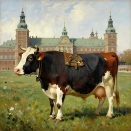 painting by zorn, carl larsson, cow, dressed, anthropomorphic!!, wearing!!! clothes!!!, standing next to royal castle!!!