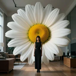 closeup, huge daisy flower as a head, woman standing in modern apartment, surreal, dramatic light, by victo ngai by james jean, by rossdraws, frank franzzeta, mcbess