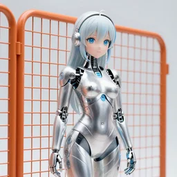 cute anime cyborg woman, porcelain, aluminium ( desgined by apple ), silver, blue soft details, soft!!, ( ( standing close to an orange metal fence ) ), studio photo, octane render, studio lights, 8 0 mm lens