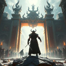 the tall hero viking stands triumphantly as he enters the majestic gates of valhalla, highly detailed, digital painting, artstation, smooth, sharp focus, bright, masterpiece, stunning concept art by ruan jia and jakub rebelka and greg rutkowski and alphonse mucha