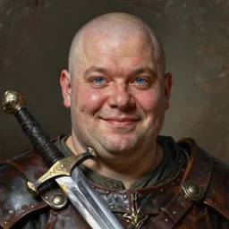 rulf mournhell, solo male weary soldier, young adult, bald, lumpy head, blue eyes, oblong ugly face, overweight, pierced nose, jovial, leather armor, shortsword, clear symmetrical eyes, a male dnd fighter's portrait, clear eyed, realistic, by brian patterson and rhads!!!, palette knife background
