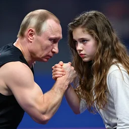 arm wrestling between ( vladimir putin ) and ( ( ( a young pretty girl with long hair and blue eyes ) ) ), hyperrealistic, digital concept art, caricature illustration, violent. horror. art by gaston bussiere