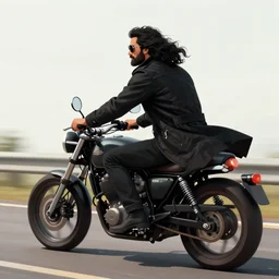a lone male biker, jet black tuffle coat, motorbike, aviator shades, long wild black curly hair, beard, black jeans, looking from behind, riding on the road, tech fantasy, digital illustration, artstation