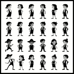 game asset sheet, material study, 2 d sprite, stylized characters from a 1 9 2 0 s animated cartoon art deco era
