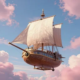 floating airship, with sails, pink clouds, noon, inspired by famous digital fantasy artist, award winning, trending artstation