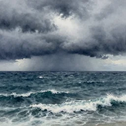 stormy sea and dramatic sky, watercolor, artstation, realistic, moody
