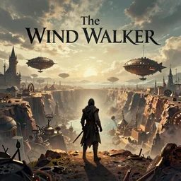 Epic fantasy Book cover for The Wind Walker a fantasy adventure with airships, thieves and a steampunk city inside of a crater.