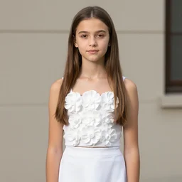 1 9 years old slim straight brown hair gabriella papadakis, neck wrinkles, wearing white skirt and white flowers top