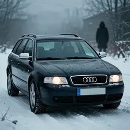 Audi A4 B6 Avant (2002), a gritty neo-noir, dramatic lighting, cinematic, eerie person, death, homicide, homicide in the snow, gunshots, establishing shot, extremely high detail, photorealistic, cinematic lighting, artstation, by simon stalenhag, Max Payne (PC) (2001) winter New York at night, In the style of Max Payne 1 graphic novel, flashing lights, Poets of the Fall - Late Goodbye